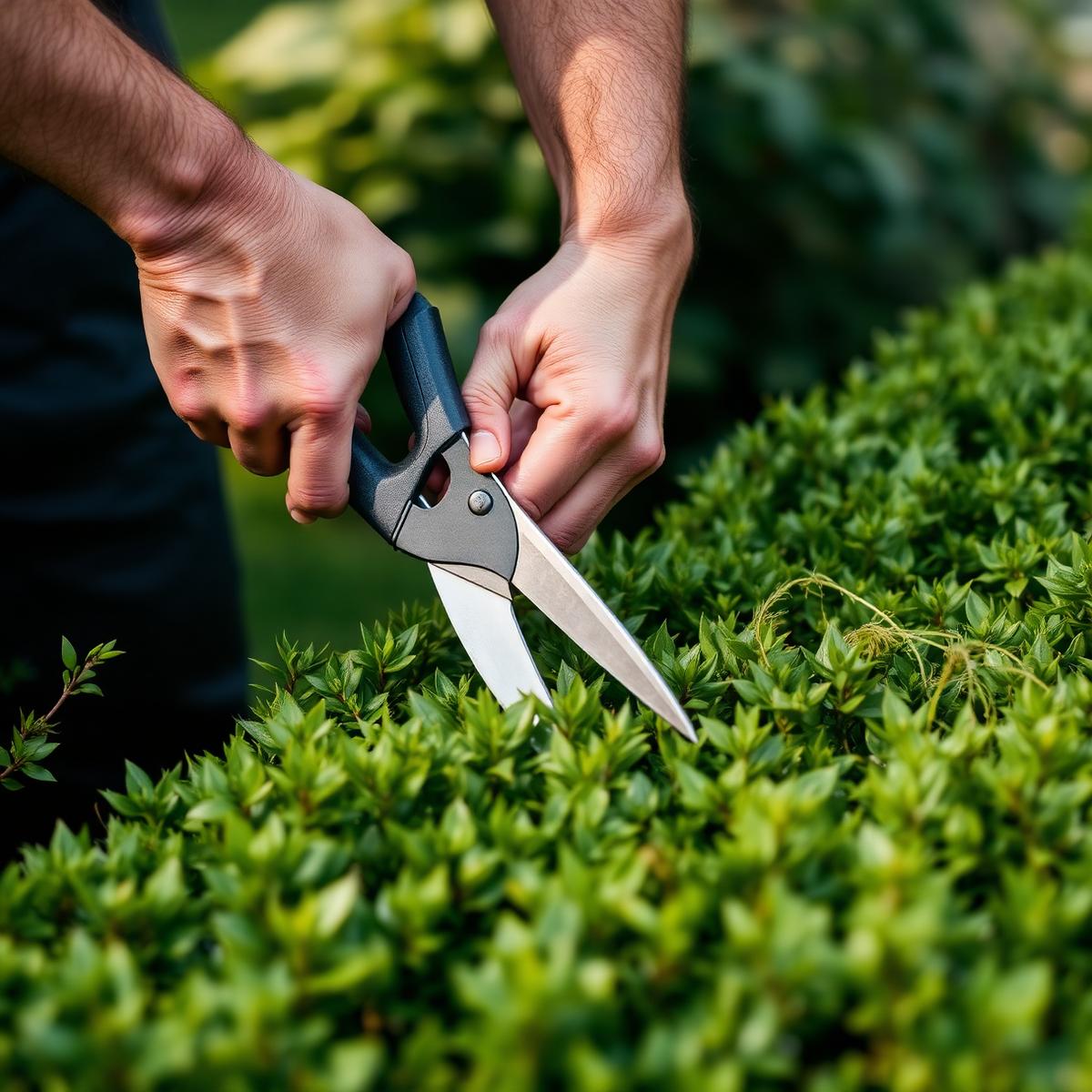 Gardener trimming a hedge by hand