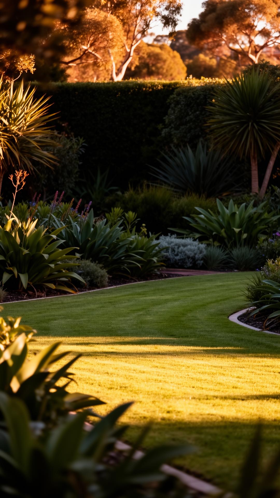Lush Perth garden at golden hour with native plants and manicured lawn